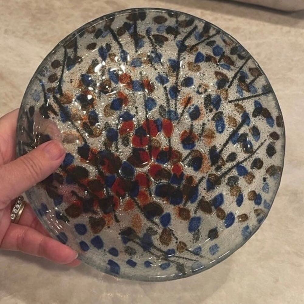 Glass Art shallow dish blues and reds 7-1/2”